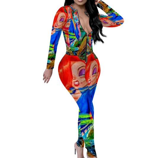 Custom Women's Sexy Front Zip Bodysuit Long Sleeve Jumpsuit