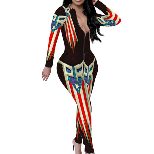 Custom Women's Sexy Front Zip Bodysuit Long Sleeve Jumpsuit