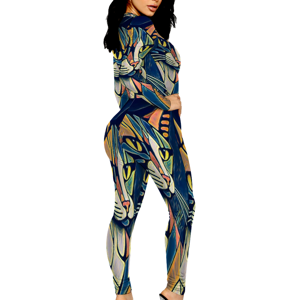 Custom Women's Sexy Front Zip Bodysuit Long Sleeve Jumpsuit