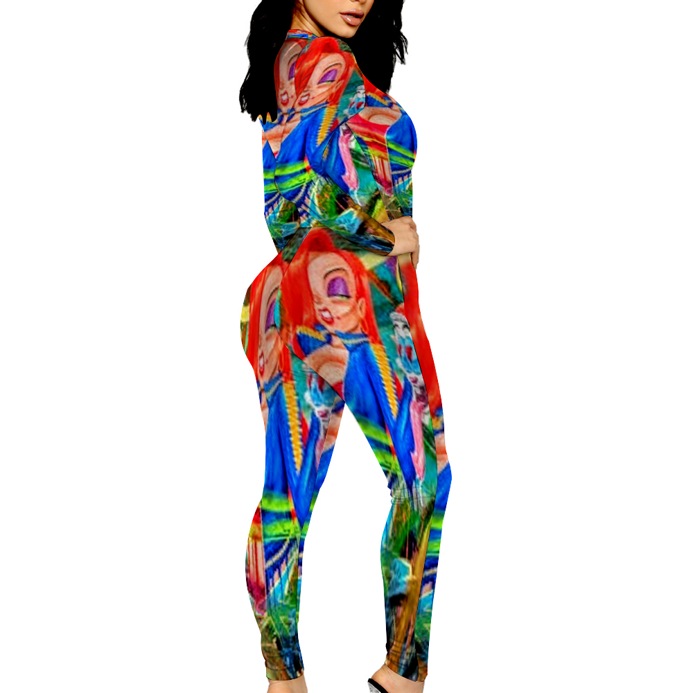 Custom Women's Sexy Front Zip Bodysuit Long Sleeve Jumpsuit