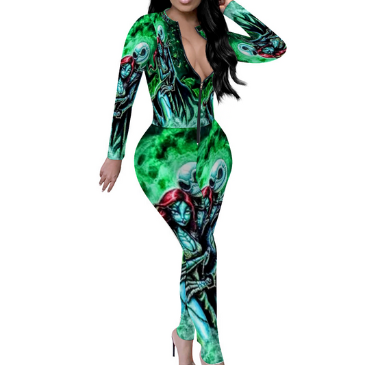 Custom Women's Sexy Front Zip Bodysuit Long Sleeve Jumpsuit