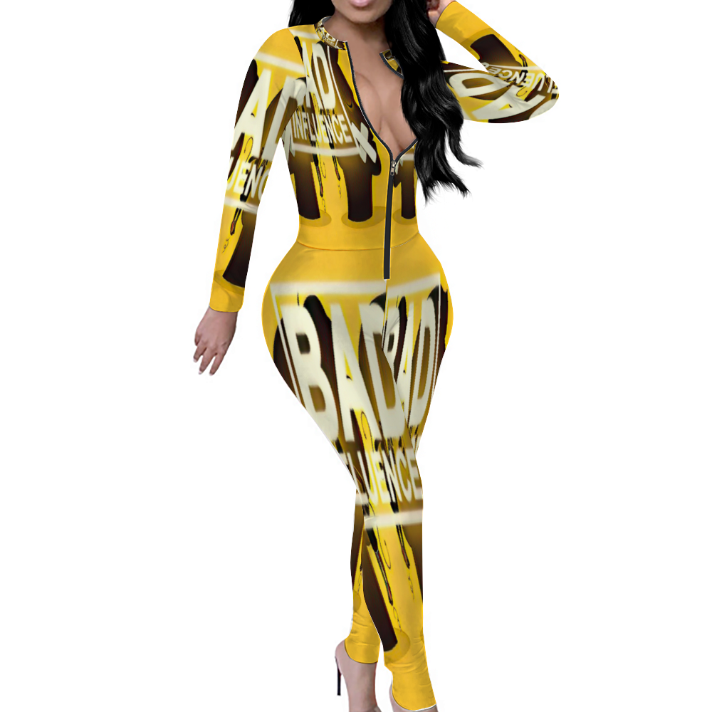 Custom Women's Sexy Front Zip Bodysuit Long Sleeve Jumpsuit