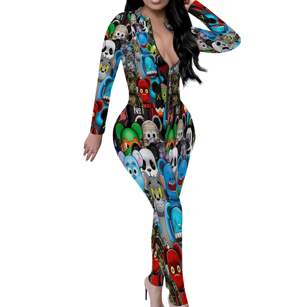 Custom Women's Sexy Front Zip Bodysuit Long Sleeve Jumpsuit