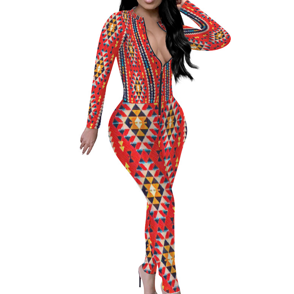 Custom Women's Sexy Front Zip Bodysuit Long Sleeve Jumpsuit