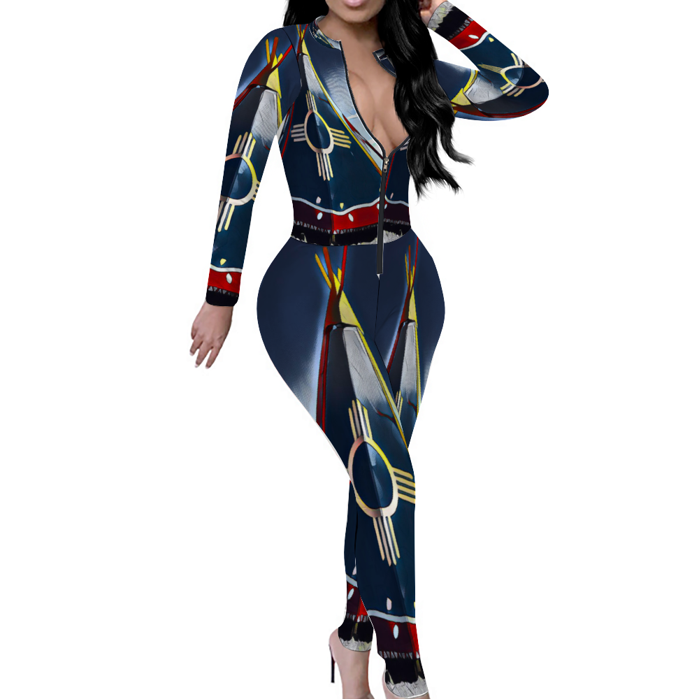 Custom Women's Sexy Front Zip Bodysuit Long Sleeve Jumpsuit