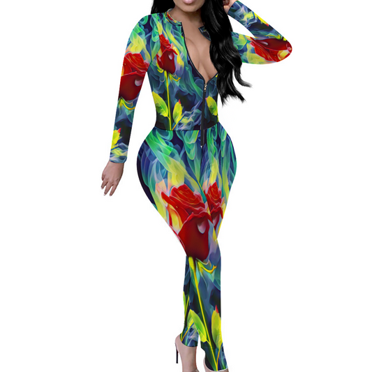 Custom Women's Sexy Front Zip Bodysuit Long Sleeve Jumpsuit