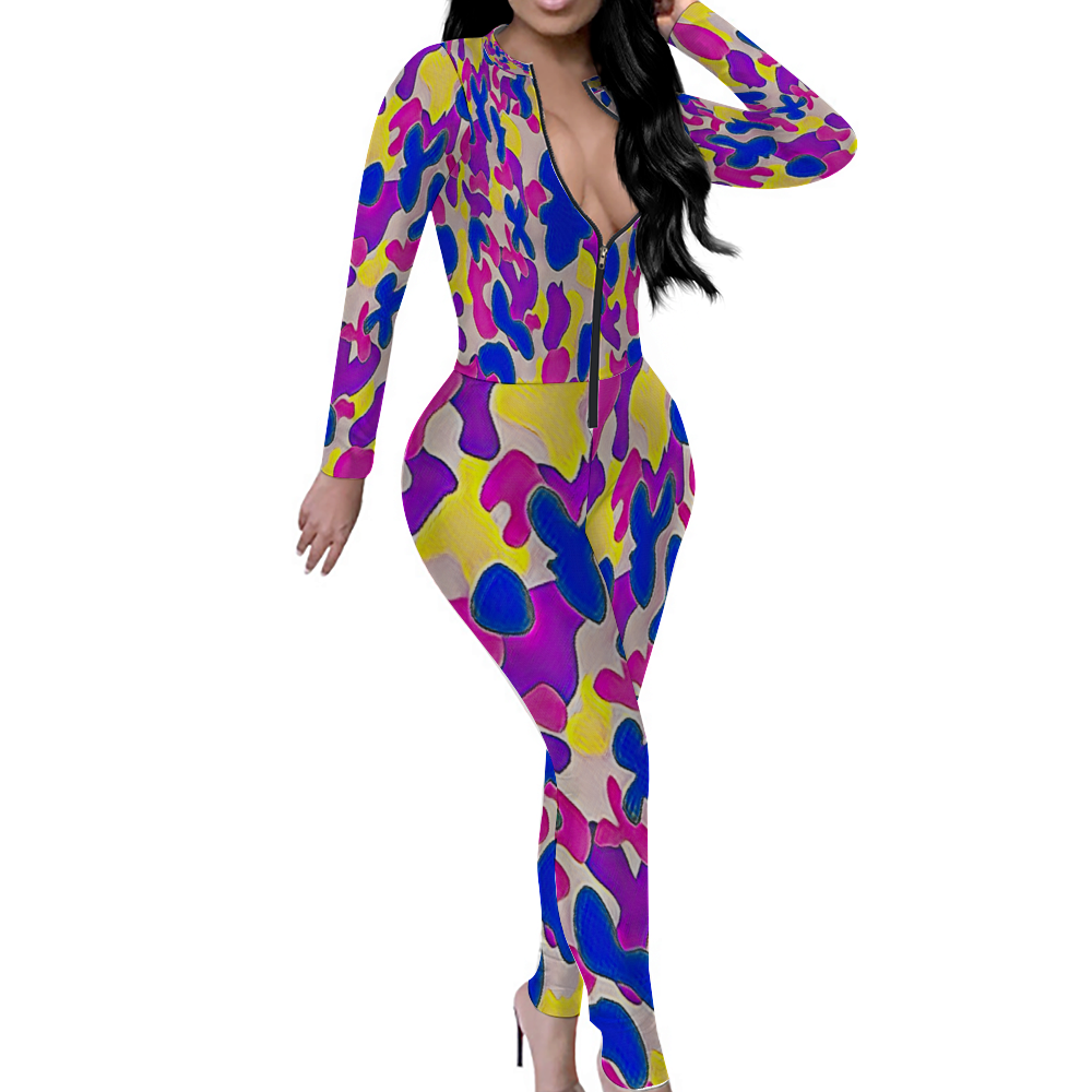 Custom Women's Sexy Front Zip Bodysuit Long Sleeve Jumpsuit