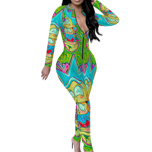 Custom Women's Sexy Front Zip Bodysuit Long Sleeve Jumpsuit