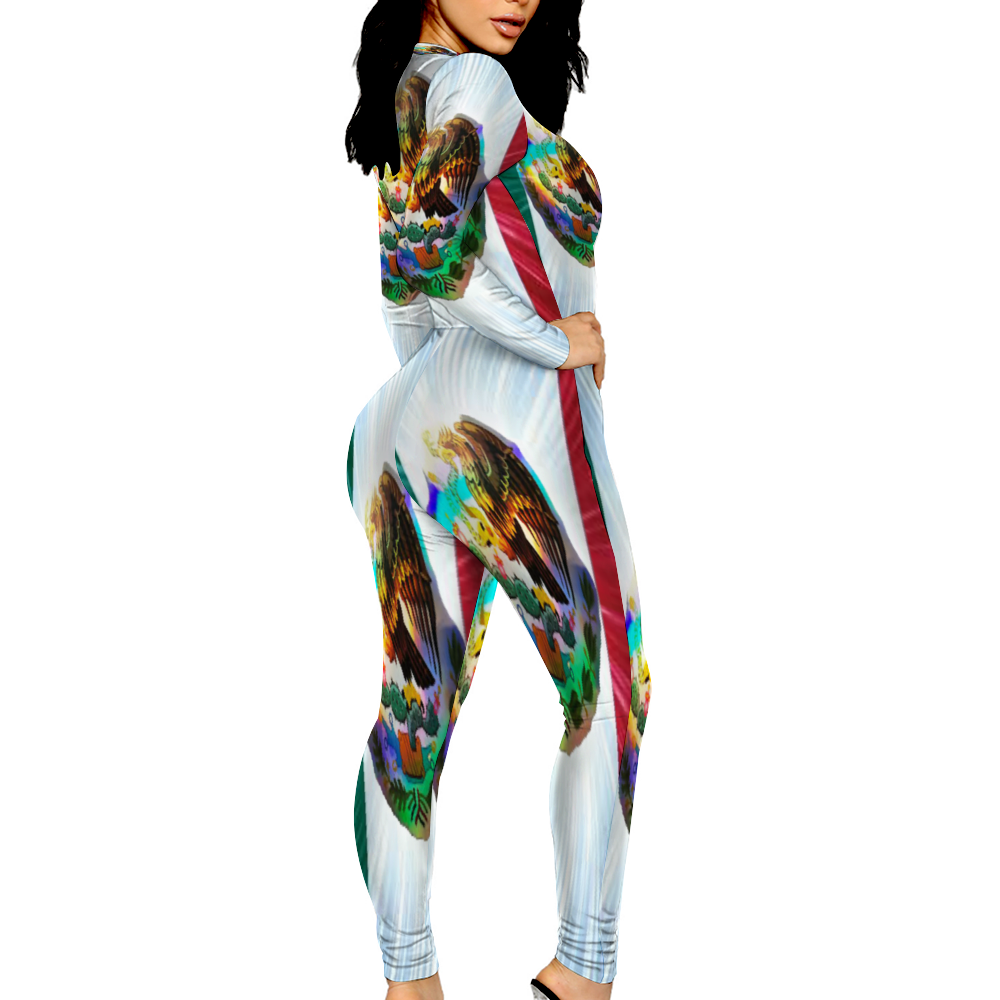 Custom Women's Sexy Front Zip Bodysuit Long Sleeve Jumpsuit