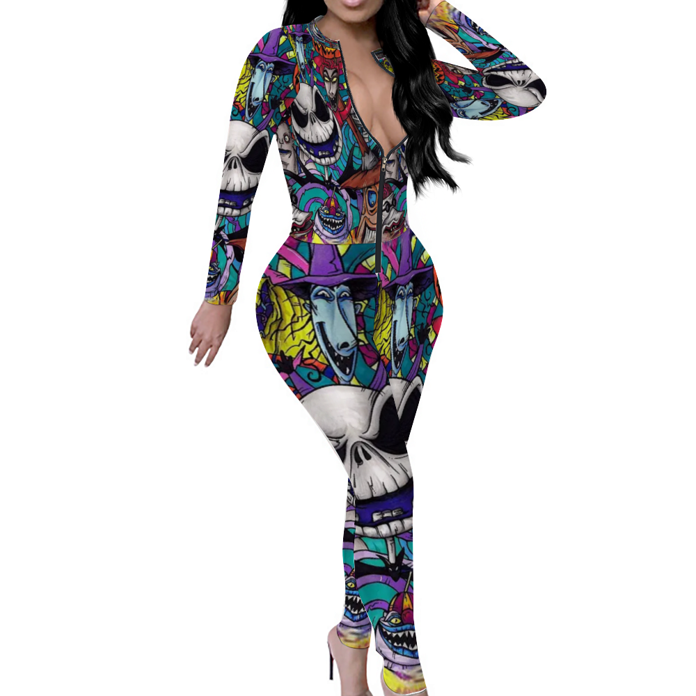 Custom Women's Sexy Front Zip Bodysuit Long Sleeve Jumpsuit