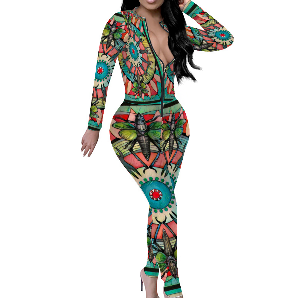 Custom Women's Sexy Front Zip Bodysuit Long Sleeve Jumpsuit