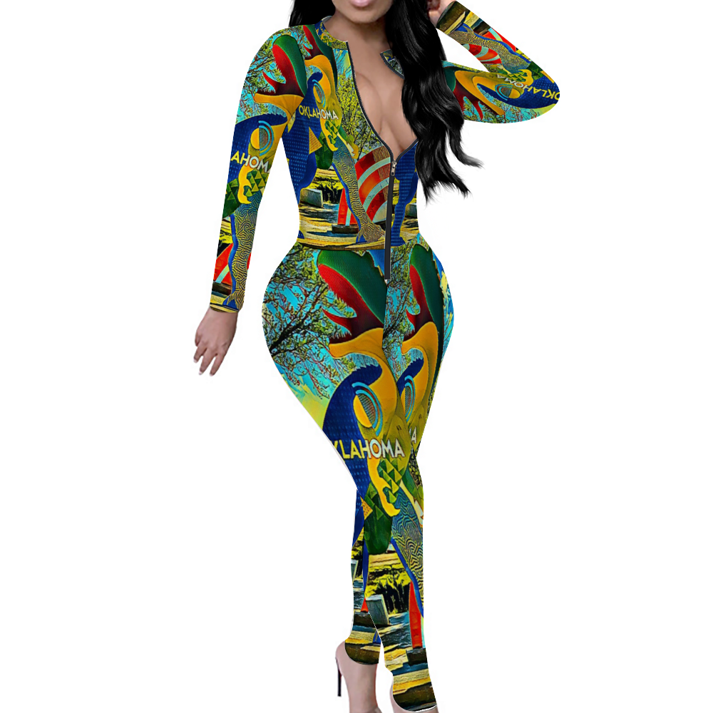 Custom Women's Sexy Front Zip Bodysuit Long Sleeve Jumpsuit