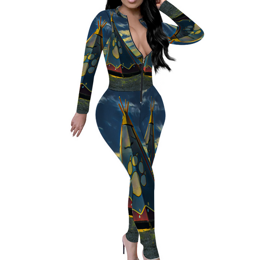 Custom Women's Sexy Front Zip Bodysuit Long Sleeve Jumpsuit