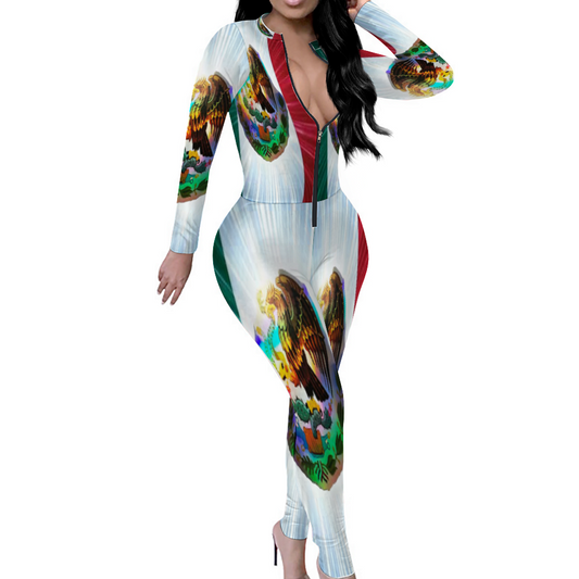 Custom Women's Sexy Front Zip Bodysuit Long Sleeve Jumpsuit