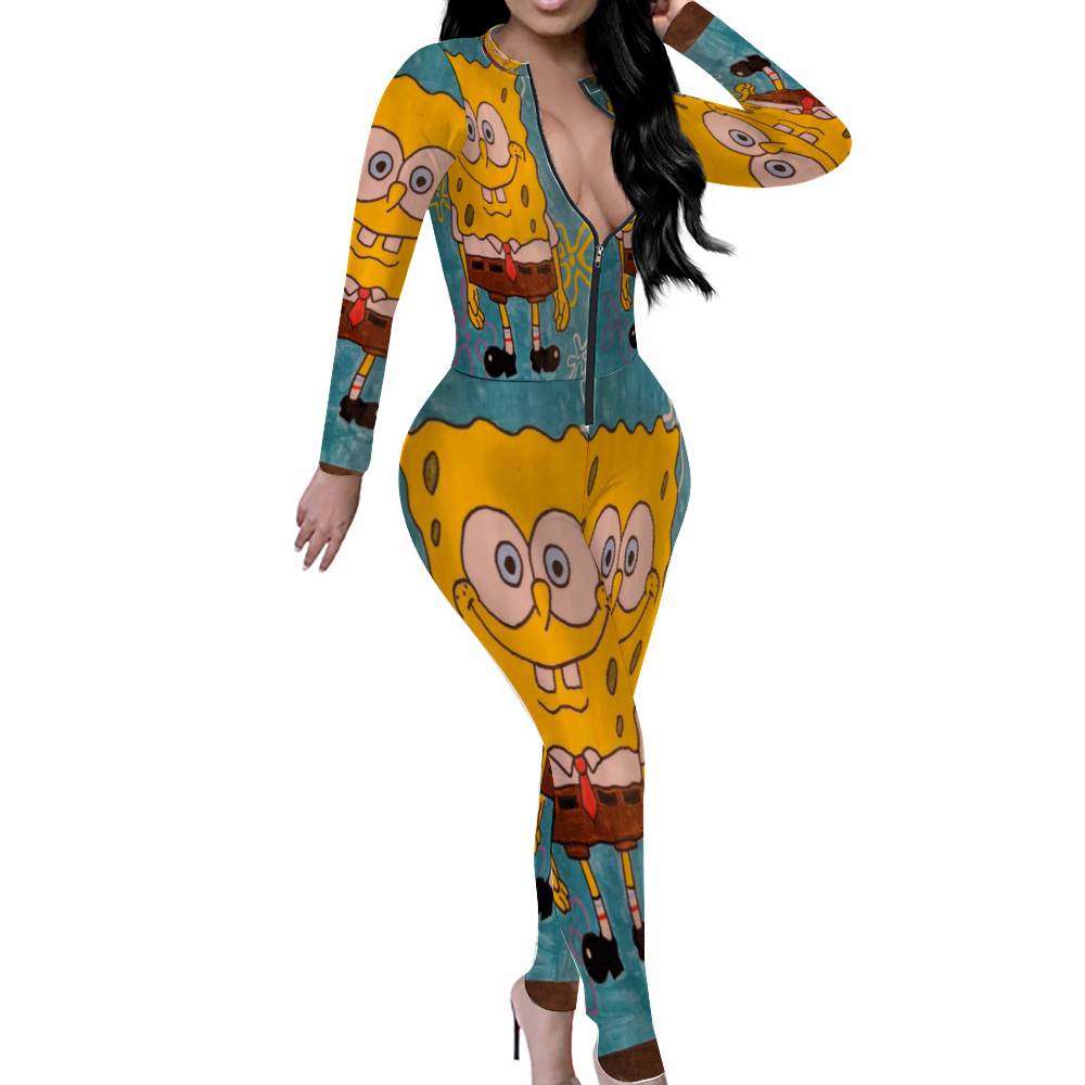 Custom Women's Sexy Front Zip Bodysuit Long Sleeve Jumpsuit