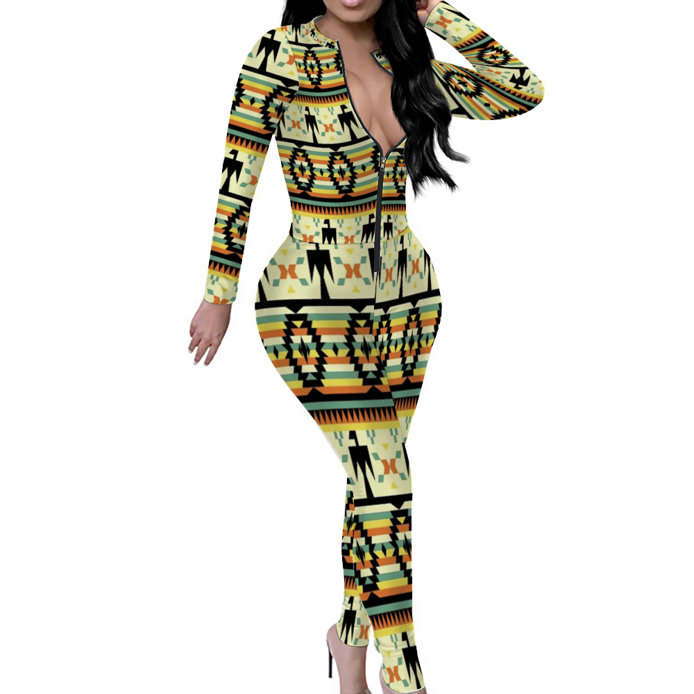 Custom Women's Sexy Front Zip Bodysuit Long Sleeve Jumpsuit