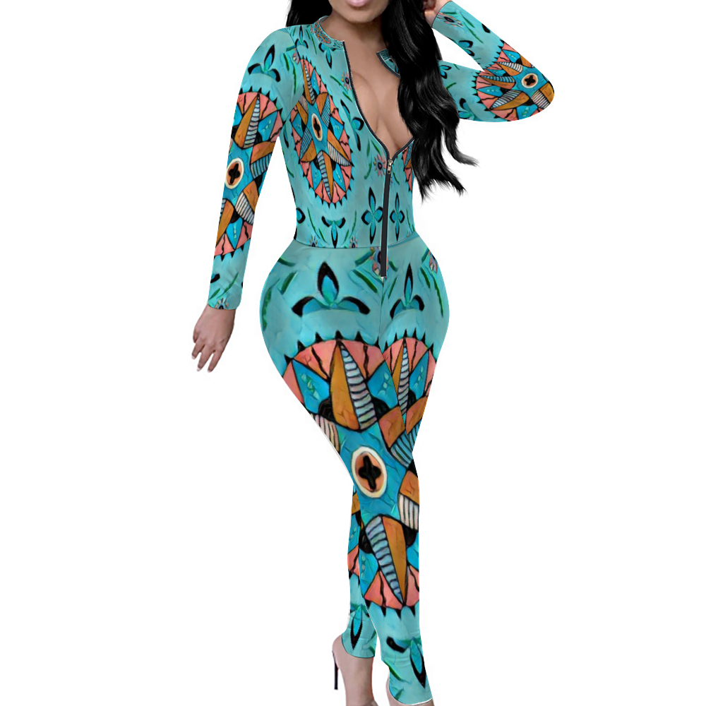 Custom Women's Sexy Front Zip Bodysuit Long Sleeve Jumpsuit