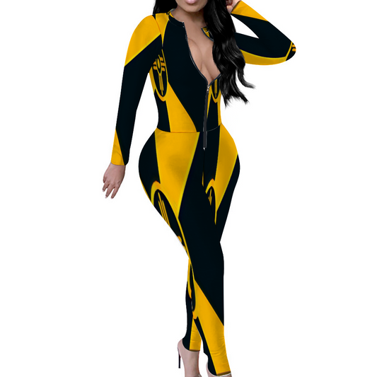 Custom Women's Sexy Front Zip Bodysuit Long Sleeve Jumpsuit