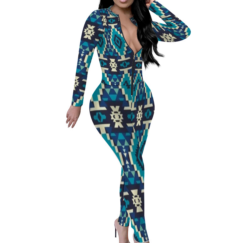 Custom Women's Sexy Front Zip Bodysuit Long Sleeve Jumpsuit