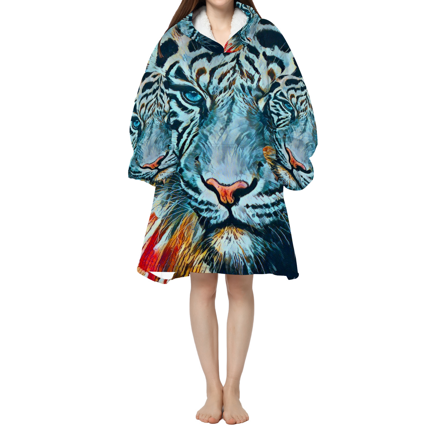 Custom Adults' All Over Print Pullover Hooded Lounger Long Hoodie Pajamas Sherpa Hooded Blanket