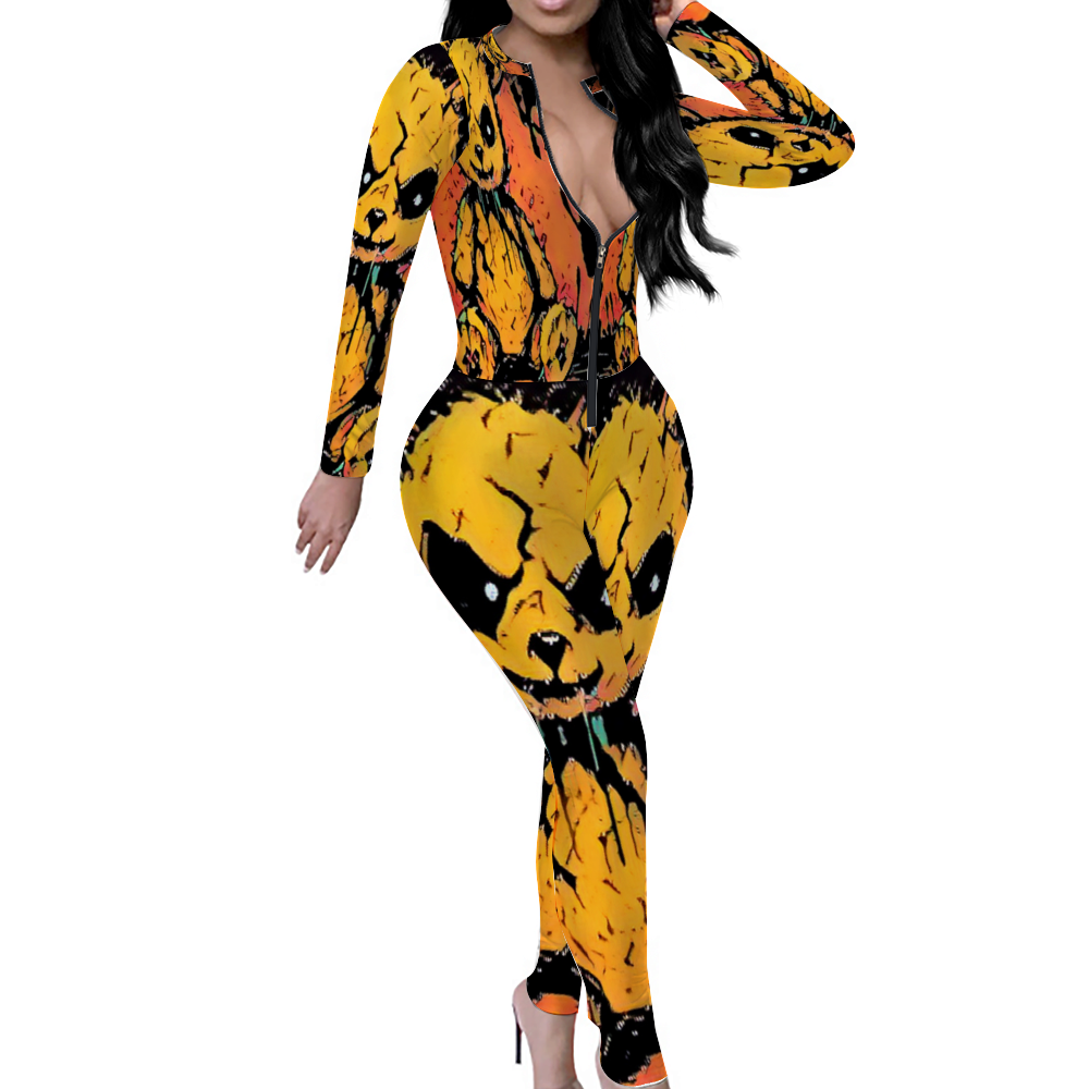 Custom Women's Sexy Front Zip Bodysuit Long Sleeve Jumpsuit