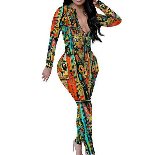 Custom Women's Sexy Front Zip Bodysuit Long Sleeve Jumpsuit