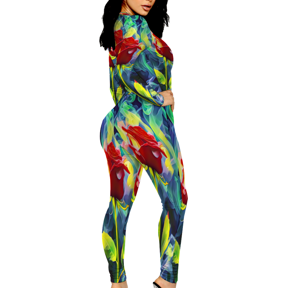 Custom Women's Sexy Front Zip Bodysuit Long Sleeve Jumpsuit