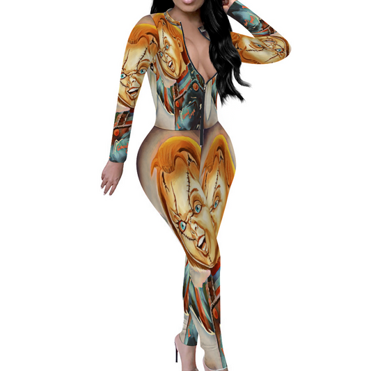 Custom Women's Sexy Front Zip Bodysuit Long Sleeve Jumpsuit