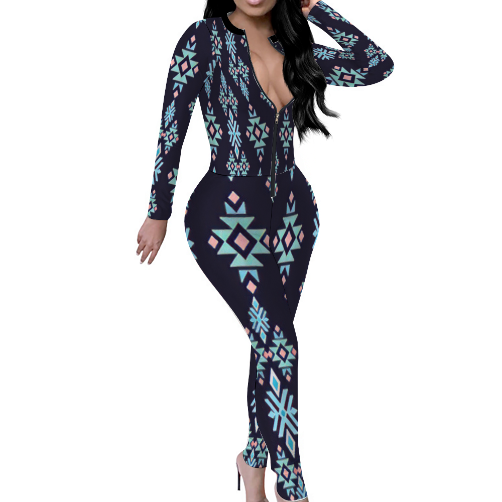 Custom Women's Sexy Front Zip Bodysuit Long Sleeve Jumpsuit