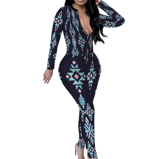 Custom Women's Sexy Front Zip Bodysuit Long Sleeve Jumpsuit