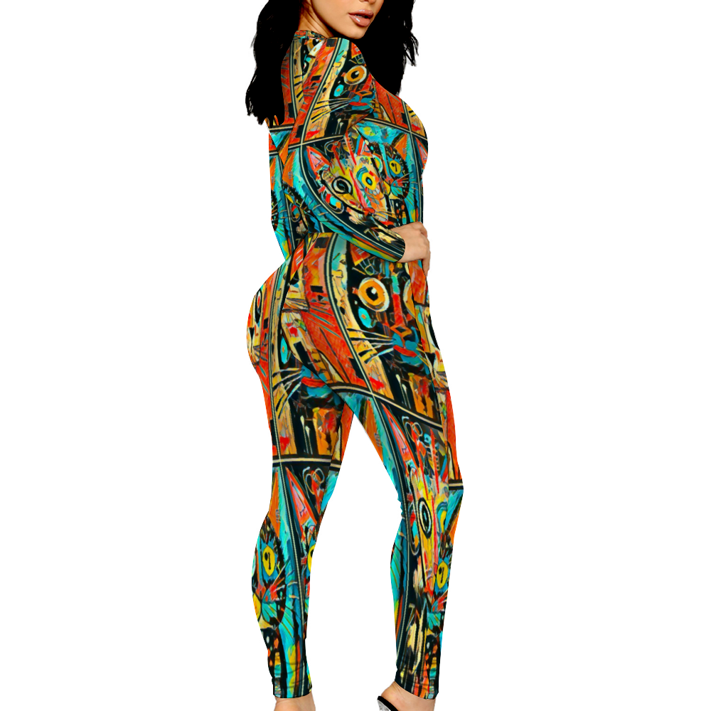 Custom Women's Sexy Front Zip Bodysuit Long Sleeve Jumpsuit